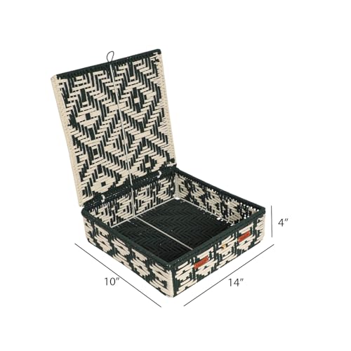 Image of Kaahira Handmade Decorative Storage Box and Organiser | Macrame Gift Hamper Box for Cosmetics, Toiletries & Return Gifts | Aesthetic Rope Woven Organizer (Green and White, Large - 14x10x4 inches)