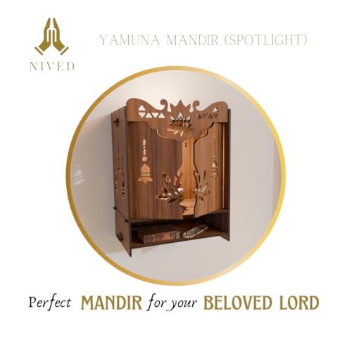 Image of NIVED YAMUNA Engineered Wood Mandir with Door | Spotlight | Extra Storage | 21 x 16 x 10.5 inch | Wall Mountable | No Screw /Bolt Screw Assembly | Home Temple | Pooja Stand | Colour: Walnut