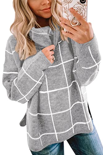 Image of ECOWISH Women Fall Pullover Sweater Turtleneck Plaid Long Sleeve Loose Casual Chunky Checked Knit Winter Sweaters Jumper Tops