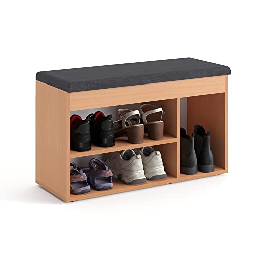 KOMTO Schuhbank mit Sitzfläche - Schuhregal Bank mit Stauraum Buche 80 x 48 x 32 cm Schuhschrank mit Sitzbank Flur Bank Garderobenbank Sofia