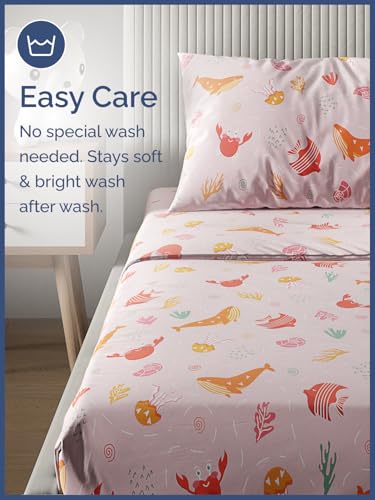 Image of Kids Full Size Pink Fish Bed Sheets - 4 Piece Kids Pink Fish Sheet Set