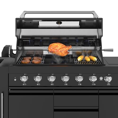 Image of KoolMore Reserve Outdoor Kitchen Island with 6 Burner Grill and a Side Burner, Sink, Storage Cabinet, and Beverage Refrigerator, CSA Listed in Sleek Black