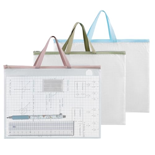 VEGCOO 3 Pack A2 Mesh Art Portfolio Bag Waterproof Portfolio Folder for Artworks Transparent Portfolio Case Zipper and Handle Art Carrying Storage Bag for Posters Drawings (A2)
