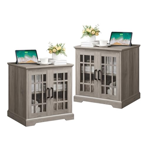 End Table with Charging Station, Farmhouse Nightstand with Glass Door Large Storage Rustic Wood Square Side Table with Adjustable Shelf for Living Room,Bedroom, Light Rustic Oak Set of 2 2 G