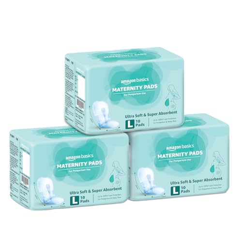 Image of Amazon Basics Maternity Pads | Large | 450mm | Upto 650ml High Absorption | Breathable Top Layer | Contoured Slim Fit | Postpartum & Heavy Flow Protection | 30 Count (10 x Pack of 3)