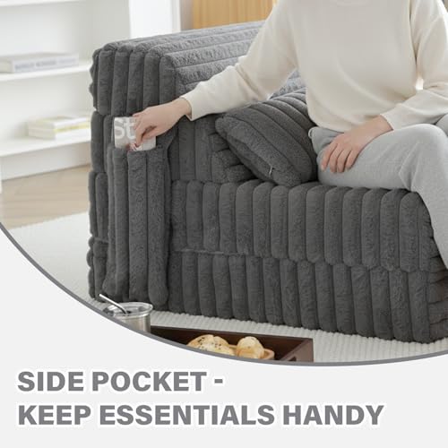 Image of Tiita Folding Sofa Bed Twin Size, Convertible Sleeper Chair Mattress with Pillow, Thick Corduroy Floor Mattress Couch Bed with Side Pocket, Guest Room, Dorm, Apartment, Grey