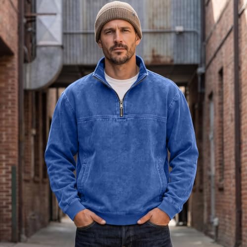 Denim Shirt Men Washed Retro Quarter Zip Pullover Top with Pockets - image 2