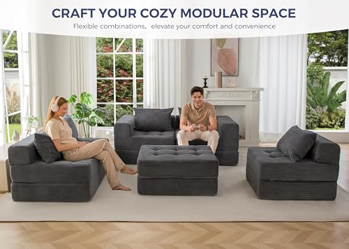 Image of MAXYOYO Modular Sectional Sofa Couch, Foldable U Shaped Cloud Couch with Pillows, Tufted 6-Seat Boneless Lounger Floor Sofa Bed for Living Room, No Assembly Required, Dark Grey