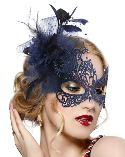 Zinniday Lace Masquerade Masks for Women - Blue Venetian Antique Mask 1920s 50s Elegant Party Eyemask Feather Flower Halloween Face Mask for Woman Lady Men Cosplay Carnival Renaissance Accessory