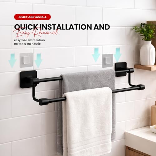 Image of Amazon Basics 24 Inch Bathroom Towel Hanger for Wall - Space Aluminum Towel Rod | Self Adhesive No Drill Rustproof Modern Towel Bar Rack for Bathroom & Kitchen