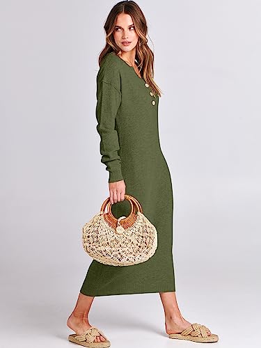 Image of ANRABESS Women Long Sleeve Button V Neck Oversized Casual Loose Fit Waffle Knit Fall Midi Sweater Dress 2026 Trendy Outfits