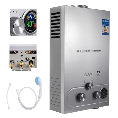 Calentador de Agua a Gas GPL de 6L/8L, 16kW, Calentador de Agua Instantáneo a Gas, Modos Invierno y Verano, Protección Contra Sobrecalentamiento, Con Alcachofa de Ducha y Plomería, Quemador de Caldera