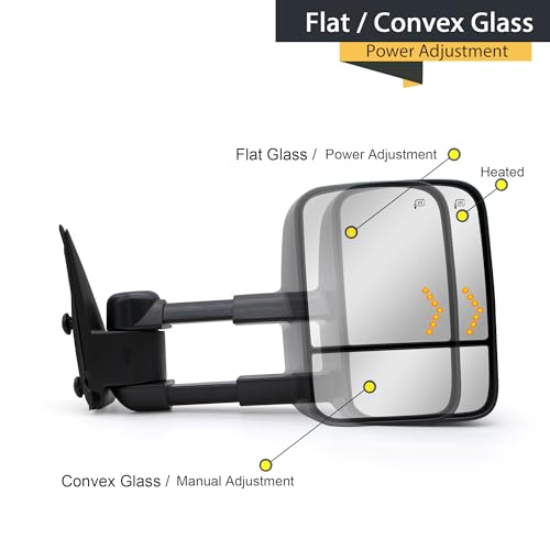 TOEMIRR Towing Mirrors fit for 2003 2004 2005 2006 Chevy Silverado Tahoe Suburban Avalanche GMC Sierra Yukon Cadillac Escalade Heated Power Arrow Lights on Glass Manual Telescopic Black Tow Mirror