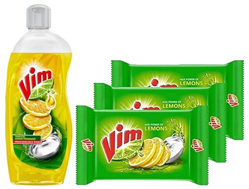 Image of Vim Dishwash Liquid Gel Lemon, 500 ml Bottle & Vim Fresh Lemon Dishwash Bar 200 g (Combo Pack of 3)