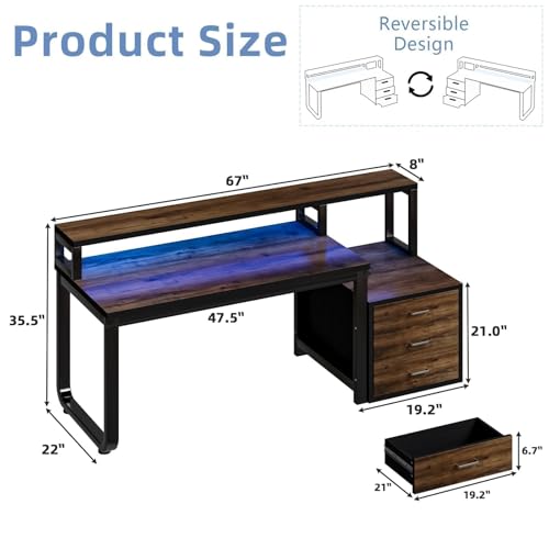 Image of MaverickFurni 67'' Computer Desk with 3 Drawers, Home Office Desk with Printer Shelf and Monitor Stand, Gaming Desk with LED Lights, Black and Walnut