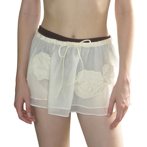 DSORVICD Women Sheer Layered Mini Skirt Rose 3D Embroidery Short Skirt Club Drawstrings Waist See Through Cover Up