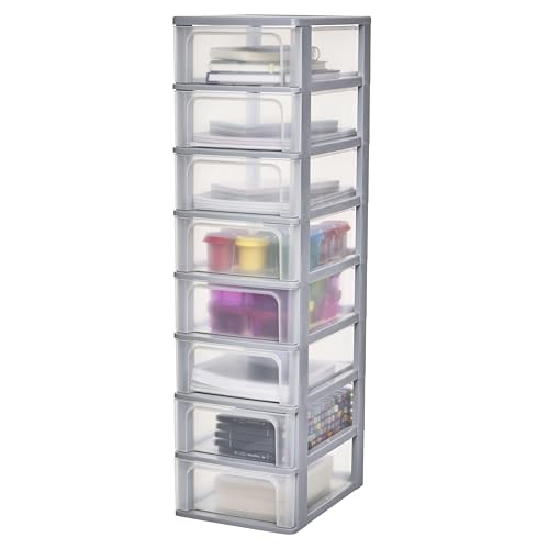 Iris Ohyama, Kunststoff Schubladenbox mit 8 flachen Schubladen, Grau, Easy-Pull-System, A4, A5 & A6 Format, Schreibtisch Organizer für Büro, Schule, Schreibwaren, BPA-frei, Schubladenschrank, OCH-2008