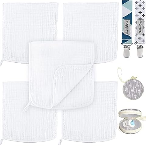 Dodo Babies Baby Muslin Burp Cloths 5 Pack 2 Pacifier Clips + Pacifier Case, 100% Cotton Large 20" by 10" Hand Washcloths, 6 Layers Extra Absorbent and Soft, Excellent Baby Shower/Registry Gift Cover