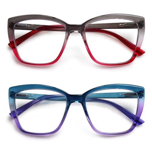 Image of Henotin Reading Glasses for Women, 2 pack Fashion Oversized Blue Light Readers for Women, Spring Hinge Cat Eye Glasses