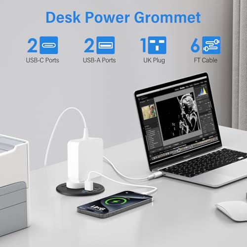 Recessed Power Socket with 1 UK Plug, 20W Fast Charging USB-C Port, Desk Power Grommet 80mm, Seamless Flush Mount - Make Your Desktop Tidier, Workspace Essential Desk Socket (Black) - Image 3