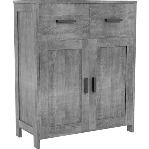 Kitchen Cabinet with 2 Doors & 2 Drawers - Buffet Storage Cabinet for Dining Room, Living Room, Bathroom, Coffee Bar Station & Hallway, Grey Wood