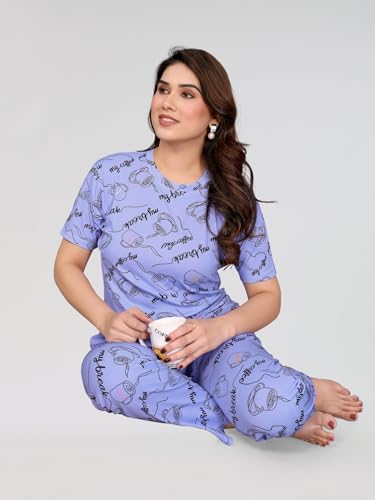 Image of VJ Fashion Women's Cotton Lycra Printed & Knitted Round Neck Night Wear Set of Top and Pazama