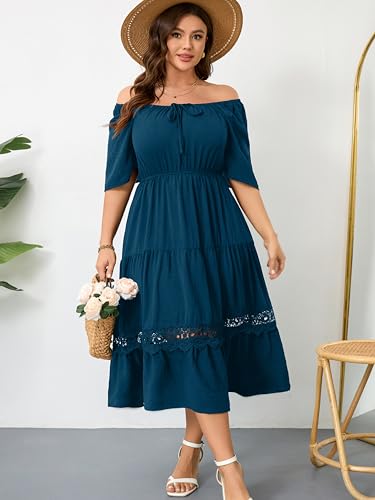 Image of RWJ Women's Plus Size Maxi Dress Short Sleeve Square Neck Flowy A-Line Lace Trim Flutter Party Casual Off Shoulder Dresses