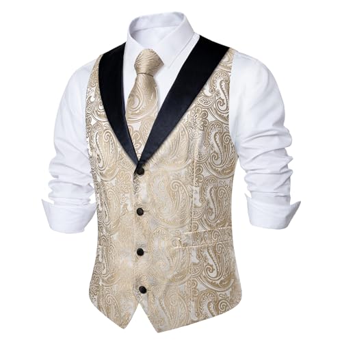 Image of DiBanGu Mens Paisley Suit Vest Silk Jacquard Waistcoat and Necktie Set Formal Shawl Collar Dress Vest 7PCS for Wedding Party