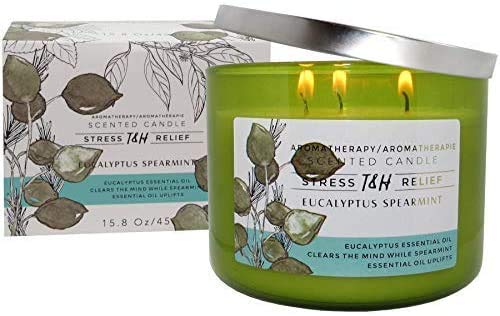 T&H Stress Relief Aromatherapy Candles - All Natural Soy Wax and Essential Oils Long Lasting 16 Ounce 80 Hour Burn (Eucalyptus Spearmint)