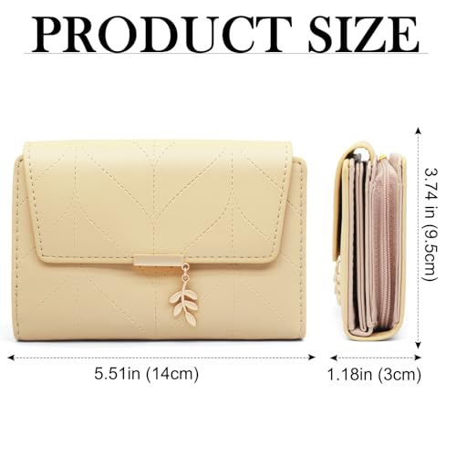 Women's Bifold Vegan Leather Wallet RFID Blocking with Leaf Pendant, Compact Card Holder Organizer, Zipper Coin Pocket, ID Window, Multi Card Slots (peach yellow)2