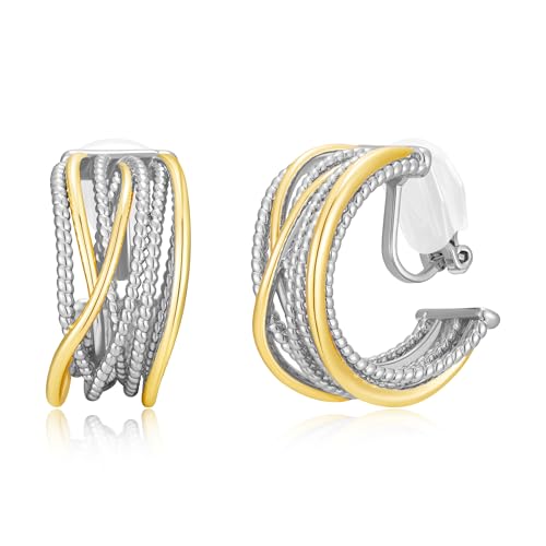 Image of Gold and Silver Mixed Metal Clip-On Earrings Two Tone Clip-On Earrings Chunky Twist Open Hoops Earring Fashion Jewelry