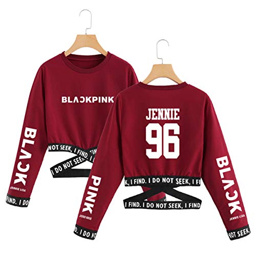 KPOP Blackpink Otoño Invierno Sudaderas con Capucha Cortas Mujer Vendaje Cruzado de Manga Larga Sudaderas Sexy Lisa Jennie Jisoo Rose (3,M)