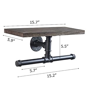 Toilet paper holder double roll rustic toilet paper roll holder with wooden shelf and industrial iron pipe pipe toilet paper holder for bathroom washroom  urban country home decor