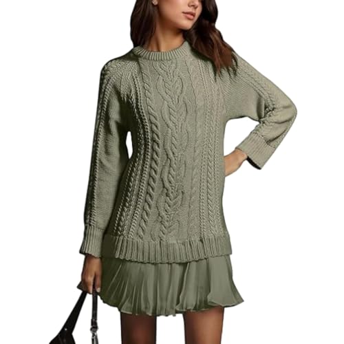 Womens Cable Knit Sweater Dress, Long Sleeve Crewneck Knit Dress with Pleated Skirt, Casual Fall Mini Dress