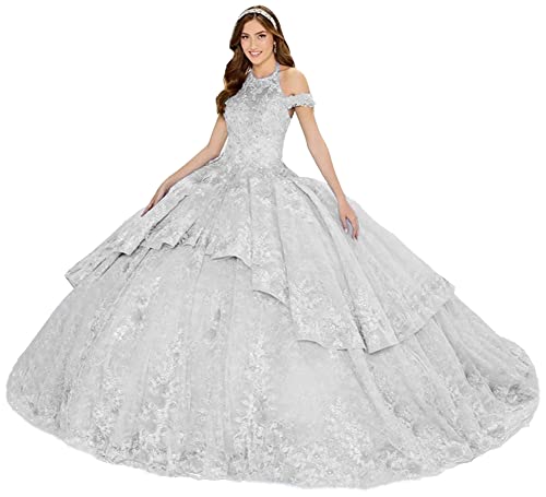Robe de bal dos nu en perles argentée pour Quinceanera taille 52