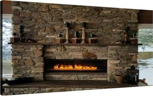 Canvas Wall Art for Living Room Bedroom Cozy Stone Fireplace Flames Aglow Winter Big Large Wall Art Decor Framed Painting Wall Pictures Prints Artwork Office