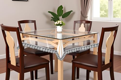 Image of The Furnishing Tree Square Shaped 4 Seater Transparent Table Cover Size 54x54 inches 0.25 mm Thickness with Silver Lace
