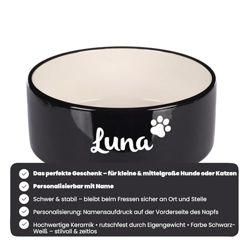 Hundenapf personalisiert aus Keramik M 900ml Schwarz – rutschfest, leicht & hygienisch – Futter- & Wassernapf mit Namen für kleine Hunde & Katzen