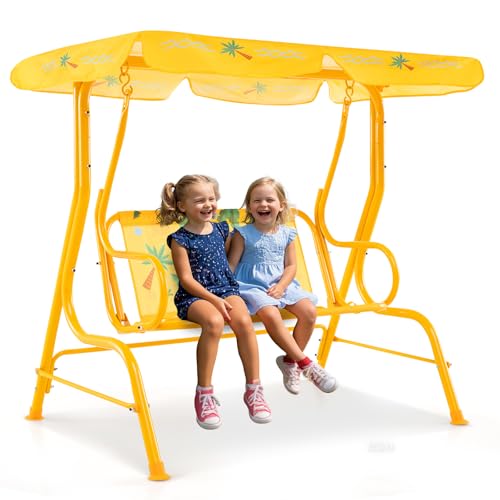 COSTWAY Kinder Hollywoodschaukel, 2-Sitzer Kinderschaukel mit verstellbarem Sonnendach & Metallgestell, Gartenschaukel mit Sicherheitsgurten,...