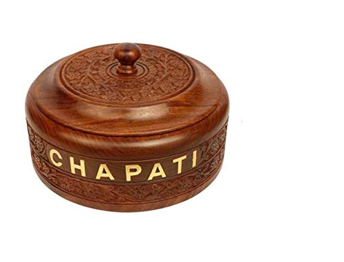 Craft Castle Wooden Stainless Steel Bread CHAPATI Casserole with Engraved Design Finish Kitchen Home Décor Ideal for Gift on Diwali and Christmas (Dimension : 9 Inch X 9 Inch X 4 inch)