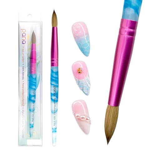 PANA USA Acrylic Nail Brush Pure Kolinsky Hair Acrylic White Swirl Blue Handle with Pink Ferrule Round Shaped - Size 10
