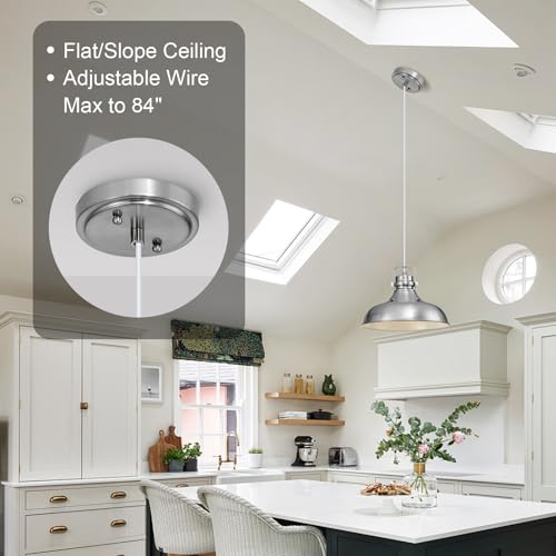 Image of Brushed Nickel Modern Pendant Lights Kitchen Island Fixtures | ETL Certificate,Industrial Adjustable Height Vintage Dome Hanging Light Fixtures for Barn,Dining Room 2 Pack