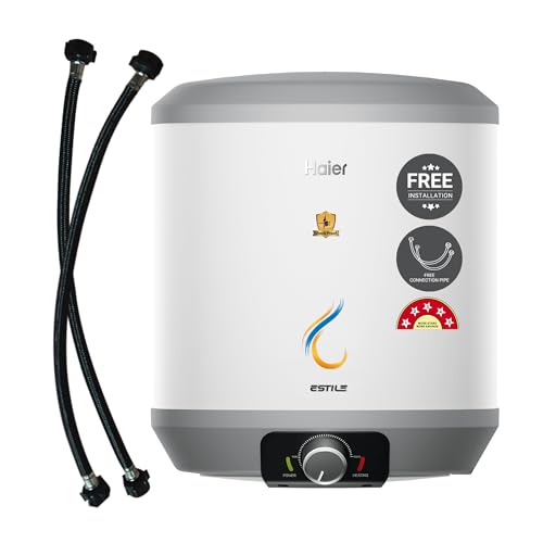 Haier Estile Water Geyser 15 Litre 2200W Faster Heating Storage Water Heater with Pipe 5 Star Rating Free Installation ABS Body| Shock Proof| Glasslined Tank| High Rise Compatible