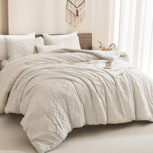 Image of Andency Beige Tufted Comforter Set Full(79x90Inch), 3 Pieces(1 Boho Comforter, 2 Pillowcases) Textured Farmhouse Bed, Soft Down Alternative Geometric Bedding Set