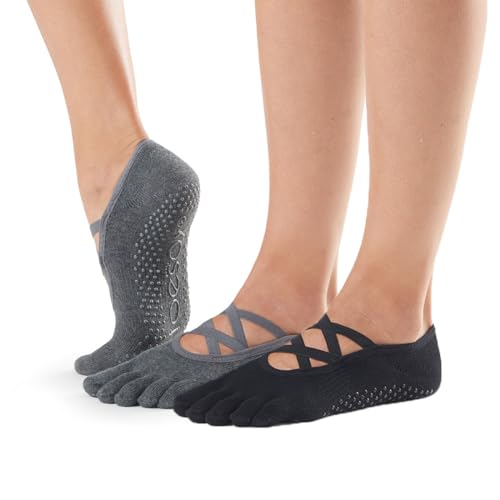 toesox Elle Full-Toe Grip Socks 2-Pack - Pilates Socks with Non-Slip Grip Sole, Five Toe Design, Arch Band Support, Wear for Yoga, Barre, Dance, Ballet - Black/Charcoal Grey, Medium by toesox - Used condition - US$37.09