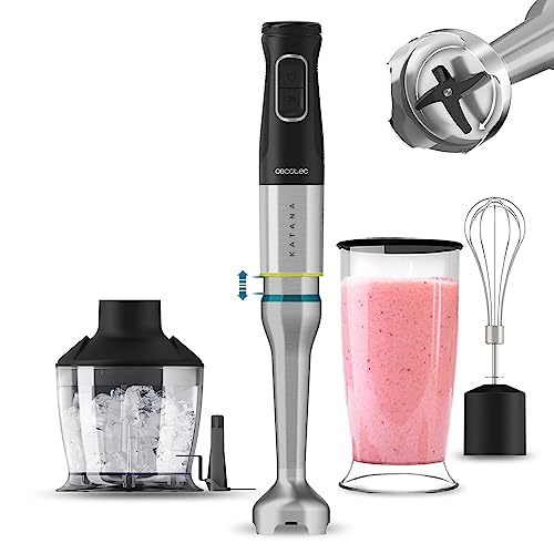 Cecotec Batidora de Mano Katana 12 Chop B. 1200 W, 21 Velocidades y Turbo, 4 Hojas con Titanio Negro, Campana antisalpicaduras, Pie extralargo, Vaso 800 ml, Kit de accesorios