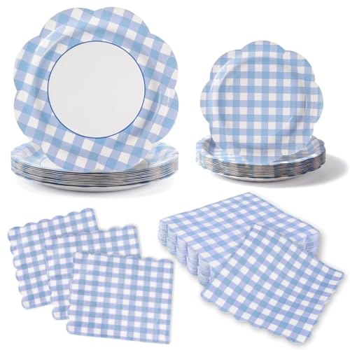 150Pcs Blue Gingham Paper Plates and Napkins Party Supplies for 50 Guests