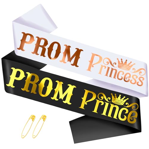 2 Pcs Prom Prince and Prom Princess Sashes with Gold Foil - Graduation Party Sash, Shiny Prom Sash Cosplay for Graduation, Prom Sash for School Dance, Prom Court Sash(Black + White)