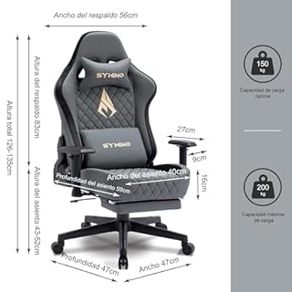 Symino Chaise Gamer Ergonomique - Fauteuil de Bureau avec Repose-Pieds Télescopique, Support Lombaire et Hauteur Réglable - 200kg (Simili Cuir Grey)