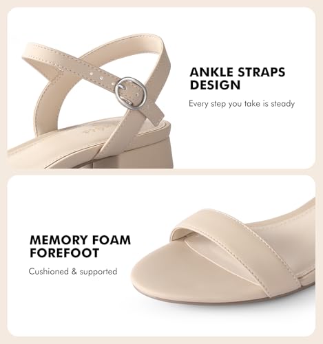 Image of Ankis Women Nude Black White Open Toe 1 Inch Block Low Heel Sandals Daily | 1-inch block heel, adjustable ankle strap, foam padded, non-slip rubber sole, all-day comfort for daily, graduation, wedding